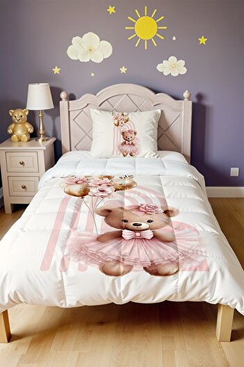 EVPANYA Ballerina Baby Bear Patterned Single Quilt and Pillowcase