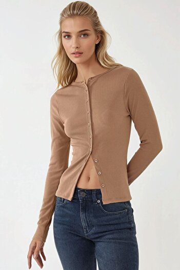 Hiccup Buttoned Long Sleeve Slim Fit Textured Knitted Blouse