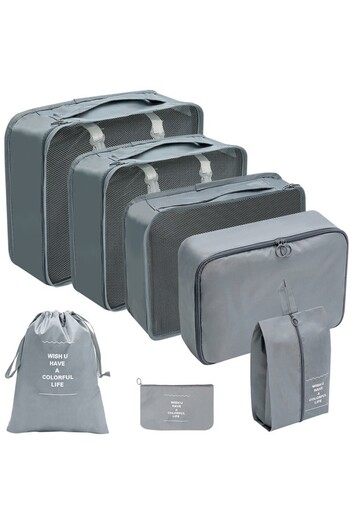 Flippy Set of 7 Travel Storage Bags, Waterproof, Foldable, Double Zipper, Gray