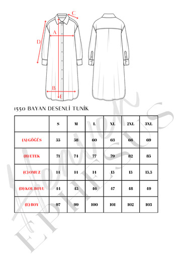 TCT TEKSTİL Patterned Three Quarter Sleeve Tunic - Full Button - Slub Tunic - 1550