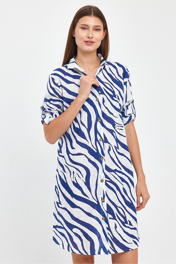 TCT TEKSTİL Patterned Three Quarter Sleeve Tunic - Full Button - Slub Tunic - 1550