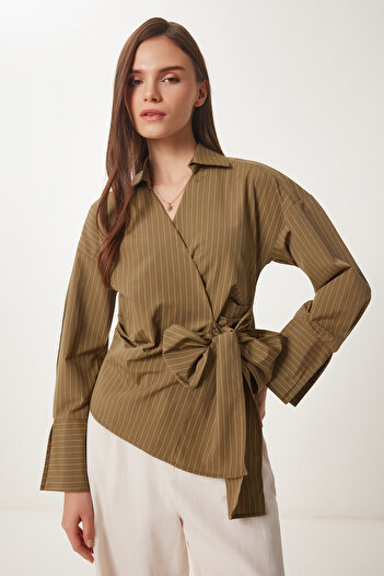 Happiness İstanbul Női khaki csíkos ing Poplin blúz US00962