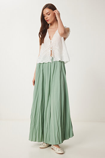 Happiness İstanbul Women's Green Effect Wrinkleworked Flared Woven Effect Dd01347