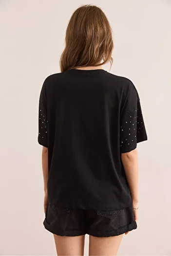 Olalook Women's Black Print Stone Detailed Regular Fit T-Shirt Tsh- 19000831
