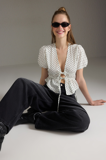 Trendyol Collection White Front Tie Detailed Polka Dot V-Neck Shirt Twoss25Bz00508