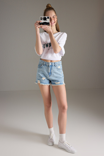 Trendyol Collection Light Blue High Waist Ripped Detailed Mini Denim Shorts Twoss25Sr00168