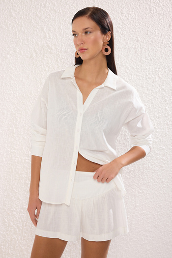 Trendyol Collection Ecru Woven Flared Cotton Beach Shirt Shorts Suit Tbess25Au00071