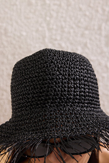 Trendyol Collection Black Tasseled Straw Women's Hat Tbess25Sp00000