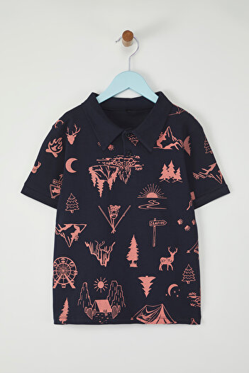 TRENDYOLKIDS Navy Blue ανδρικό παιδικό 100% βαμβακερό δάσος με στάμπα πόλο με κοντό μανίκι πλεκτό μπλουζάκι TKDSS25TS00083
