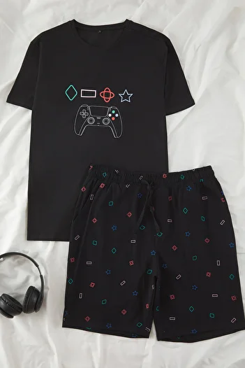 Trendyol Collection Black Regular Game Printed Knitted Shorts Pajama Set Tmnss25Pt00077