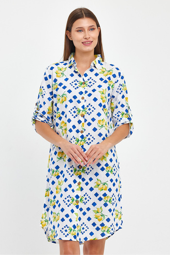 TCT TEKSTİL Patterned Three Quarter Sleeve Tunic - Full Button - Slub Tunic - 1550