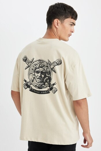 DeFacto 100% Cotton Oversize Wide Fit Crew Neck Back Printed Short Sleeve T-Shirt D4907Ax24Au