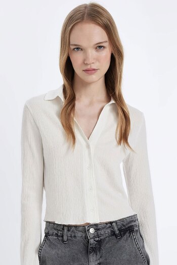 DeFacto Coool Fitted Basic Plain Buttoned Long Sleeve Crop White Shirt 3160775