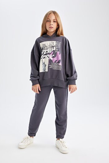 DeFacto Girl's 2-Piece Set Hooded Printed Sweatshirt Elastic Waist Jogger Sweatpants D4057A824Wn