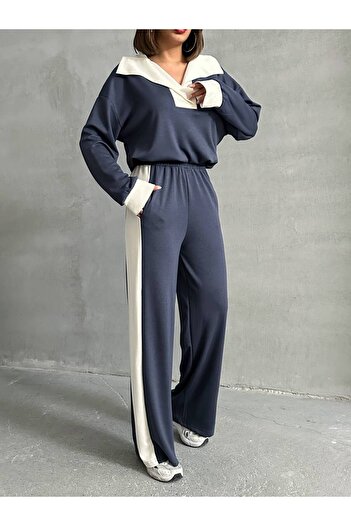 VESS MODA Women's Premium Quality Stripe and Snap Detailed Modal Fabric Bottom Top Tracksuit Set