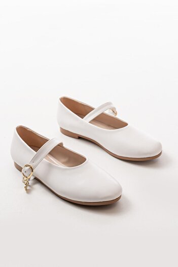 Aymood Inf-324 White Helmet Buckle Daily Women's Ballerinas