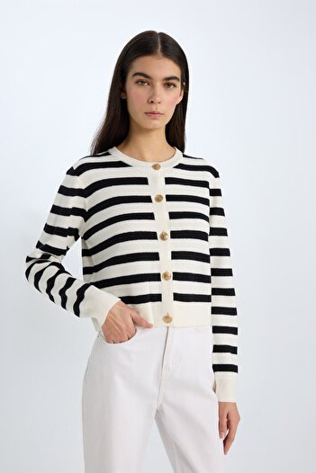 DeFacto Regular Fit Striped Crew Neck Knitwear Cardigan C1501Ax25Sp