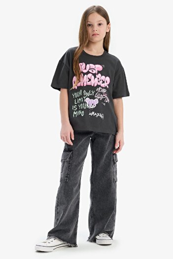 DeFacto Girl's Oversize Wide Fit Crew Neck Printed Short Sleeve T-Shirt E0356A825Sm