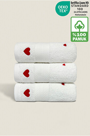Ellaline Luv 3-Piece Towel Set 100% Cotton Certified, Heart Embroidered Hand Face Kitchen Towel 50X80Cm Model2