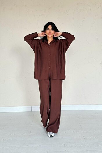 modaserdem Brown Alice Shirt and Loose Cut Pants Set