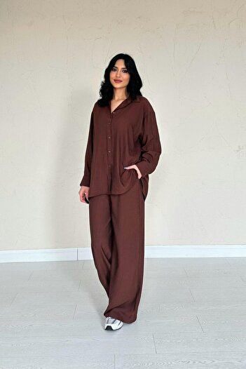 modaserdem Brown Alice Shirt and Loose Cut Pants Set