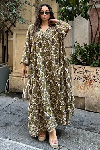 AYASOFYA OTANTIK Women's Khaki V-Neck Retro Patterned Balloon Sleeve Loose Long Dress