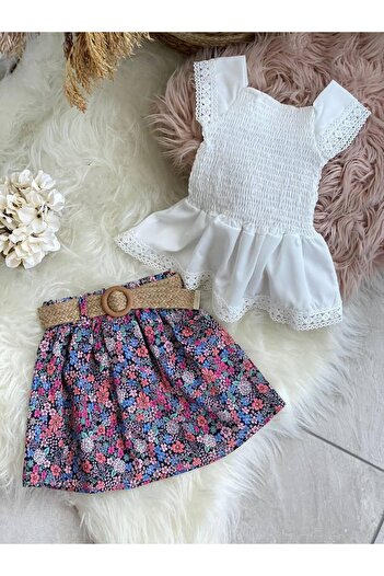 EDK GİYİM Girl Child Top and Bottom Tskim Skirt Blouse and Belt 3Pcs