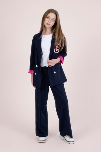 wakawakakidsstore Crepe Fabric Appliqued Button Closure Bazer Jacket Suit - Navy Blue