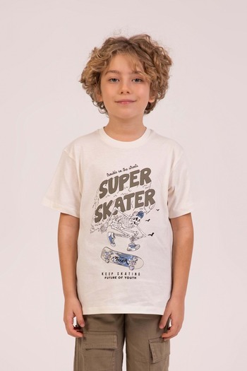 wakawakakidsstore Αγόρι μπλουζάκι με στάμπα Skateboard Crew Neck - Κρέμα