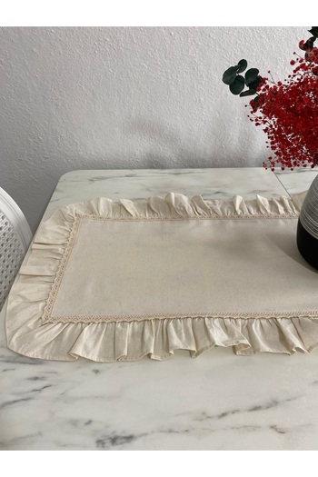 LILYUM Beige Home Necessities: Runner 100% Cotton Raw Linen, Frills and Lace 40X110 cm