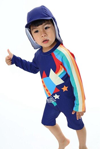 Lolliboomkids Boy's Sun Protection Trench Hat Space Themed Patterned Swimsuit Set
