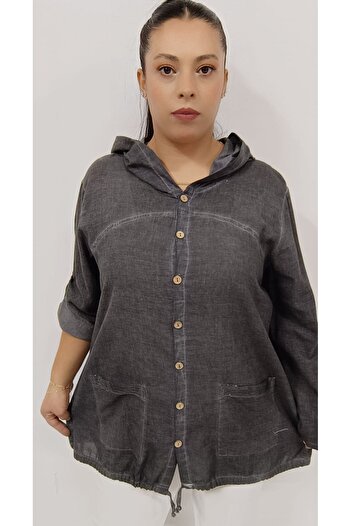 AKŞEN GİYİM Plus Size Organic Washed Cotton Linen Hooded Buttoned Sequin Pocket Jacket