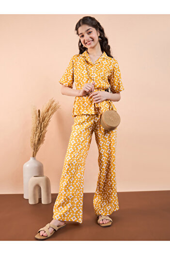 Stylo Bug By Styli Yellow Printed Collared Top & Trouser Set for Girls