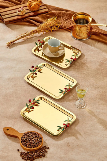 MuiStore 3 Pieces Elegante Gold Series Duo Luna Nera Handle Patterned Presentation Tray |   Promise Engagement Tray 22X16Cm