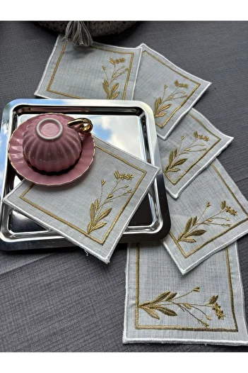 LUXURY 6 Coffee Side Presentation Napkins with Gold Embroidered Branch Detail