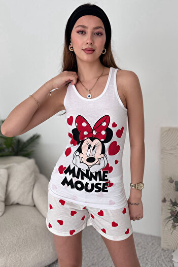 EYYE Set de pijamale pentru femei, pantaloni scurți din bumbac, roșu, alb