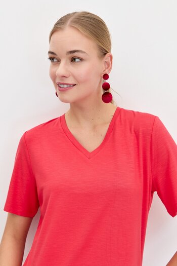 Desen Triko Women's V-Neck Flamed Fabric Basic T-Shirt Coral