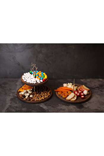 Rabo Craft 2-Tier and Single-Tier Silver Tree Handle Patterned Handle Wooden Presentation Rack Stand, Serving Presentation Plate,