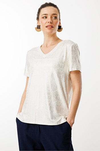 Desen Triko Women's V-Neck Shiny Printed Combed Cotton T-Shirt White