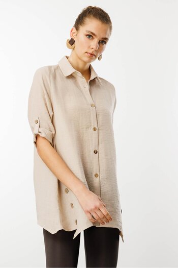Desen Triko Beige Women's Three Quarter Sleeve Linen Shirt