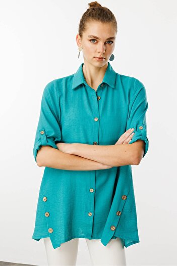 Desen Triko Green Women's Three Quarter Sleeve Linen Shirt