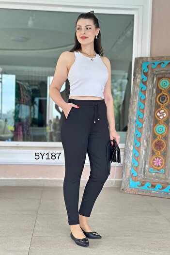 İnce Topuk Crinkle Fabric Double Leg Trousers 5Y187