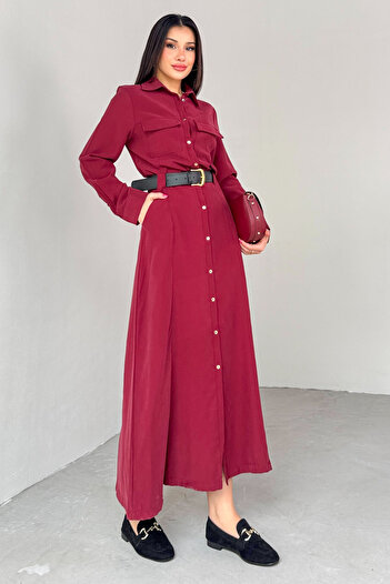Cappmoda Elb-8189 Burgundy Belted Pocket Detailed Buttoned Dress