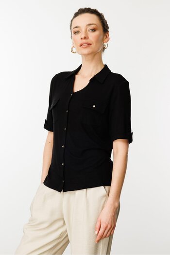 Desen Triko Women's Black Combed Cotton Shirt with Chest Pocket