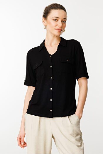 Desen Triko Women's Black Combed Cotton Shirt with Chest Pocket
