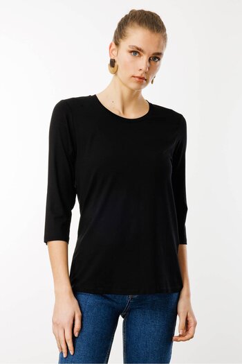 Desen Triko Women's Black 0 Crew Neck Plain Combed Cotton Blouse