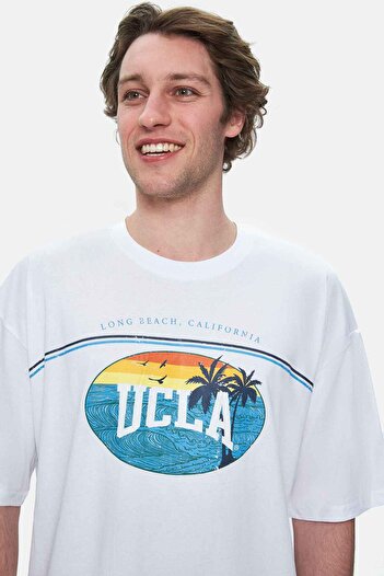UCLA Ανδρικό μπλουζάκι AIRE White Crew Neck με στάμπα Oversize