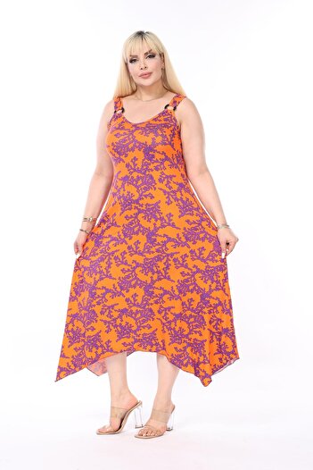 mami butik Plus Size Summer Sling Asymmetrical Skirt Cut Combed Cotton Dress