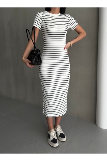 BEJNA Weißes, gestreiftes, dehnbares, langes Strickkleid für Damen mit Schlitz