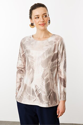 Desen Triko Colorful Leaf Patterned Blouse - Women's Crew Neck Mink